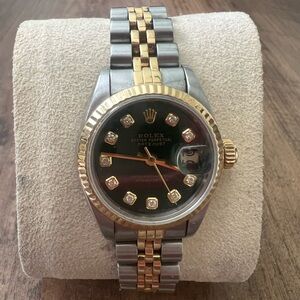 ROLEX 26mm Datejust two tone, fluted bezel. Green dial with diamonds